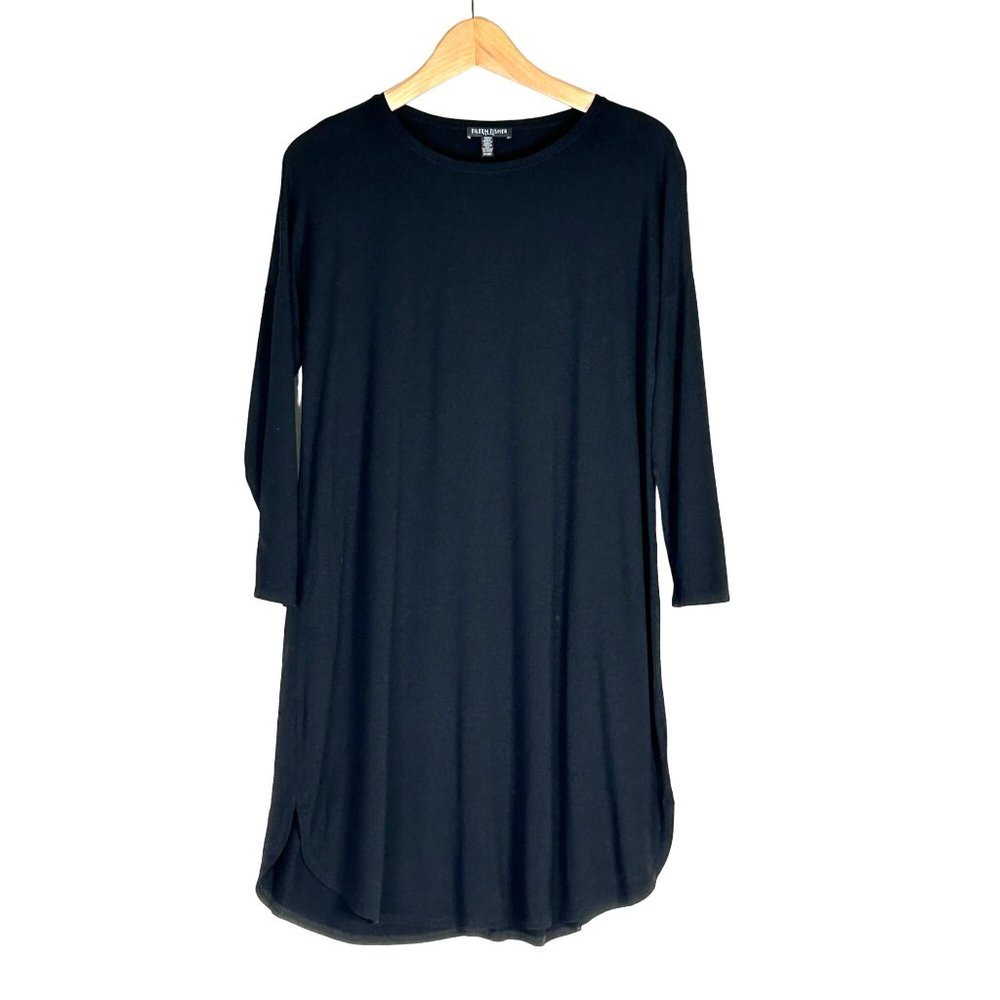 Eileen Fisher Dress Boxy Shift Stretchy Black 3/4 Sleeve‎ Knee Length Career PS